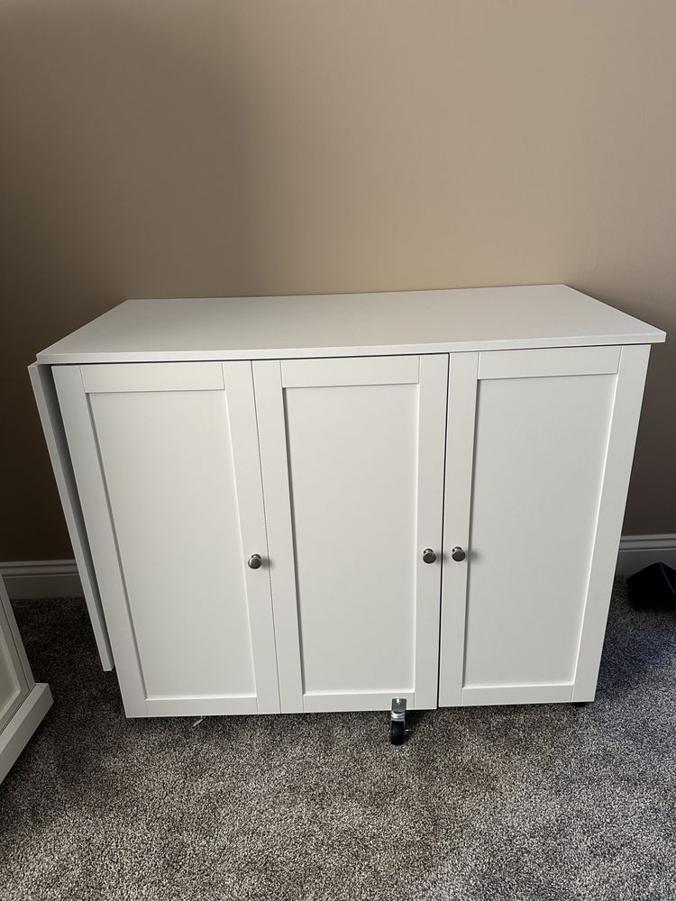 A white cabinet with three doors is sitting on a carpet in a room.