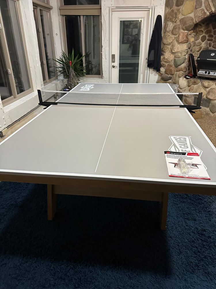 A ping pong table is sitting on top of a blue rug in a living room.