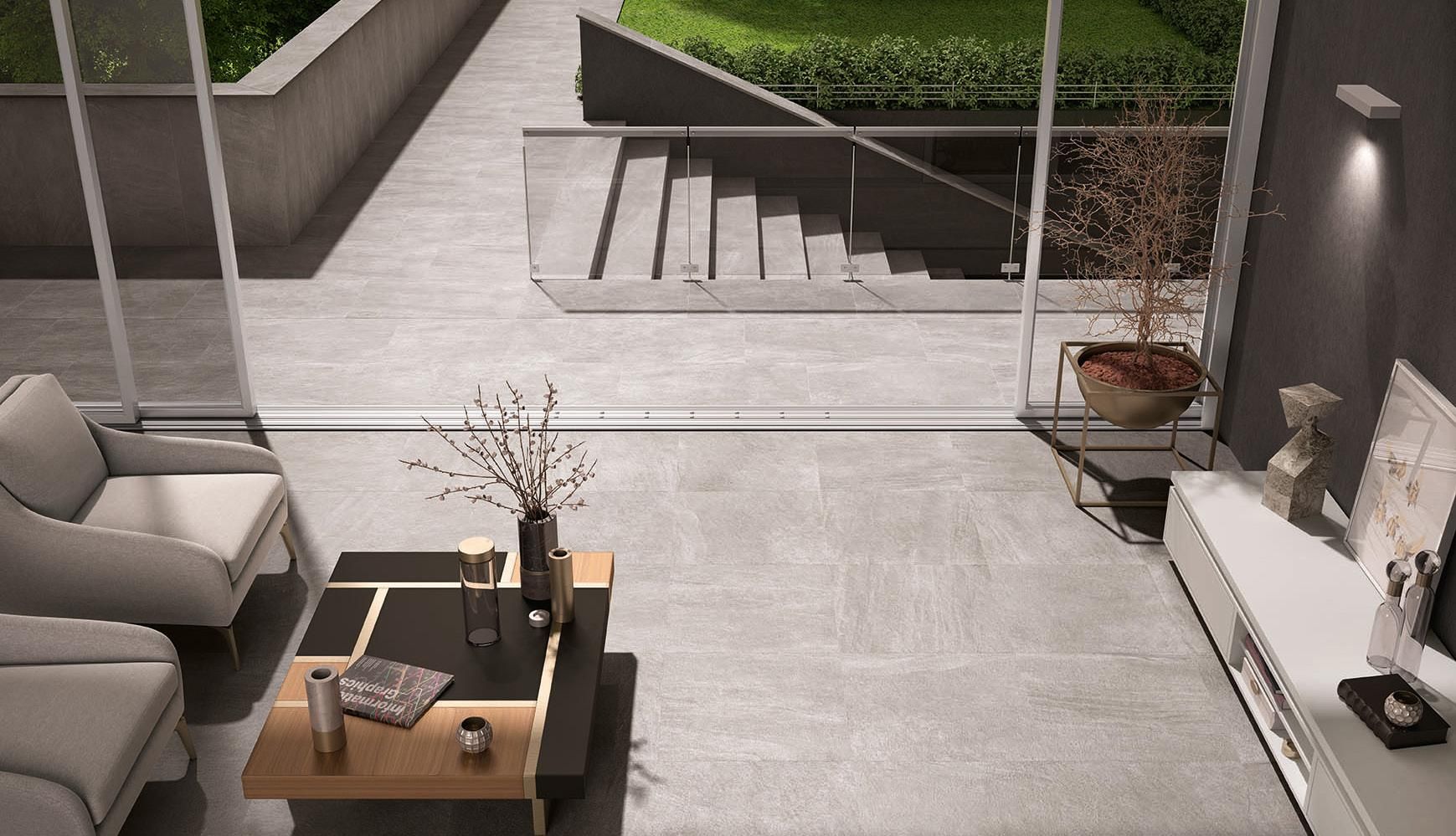 Living Room And Outdoor Grey Floor Tiles — Tile Trends in Byron Bay, NSW