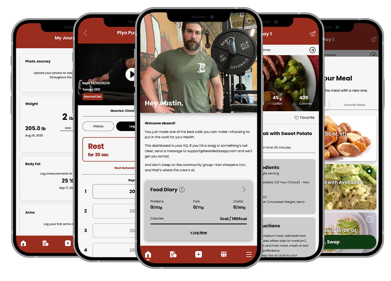 Five mobile phone screens showing a fitness app with workout videos, meal plans, and progress tracking. Bearded Ax Muscle & Fitness
