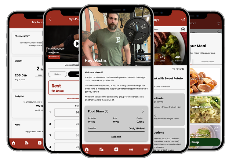 Five mobile phone screens showing a fitness app with workout videos, meal plans, and progress tracking. Bearded Ax Muscle & Fitness