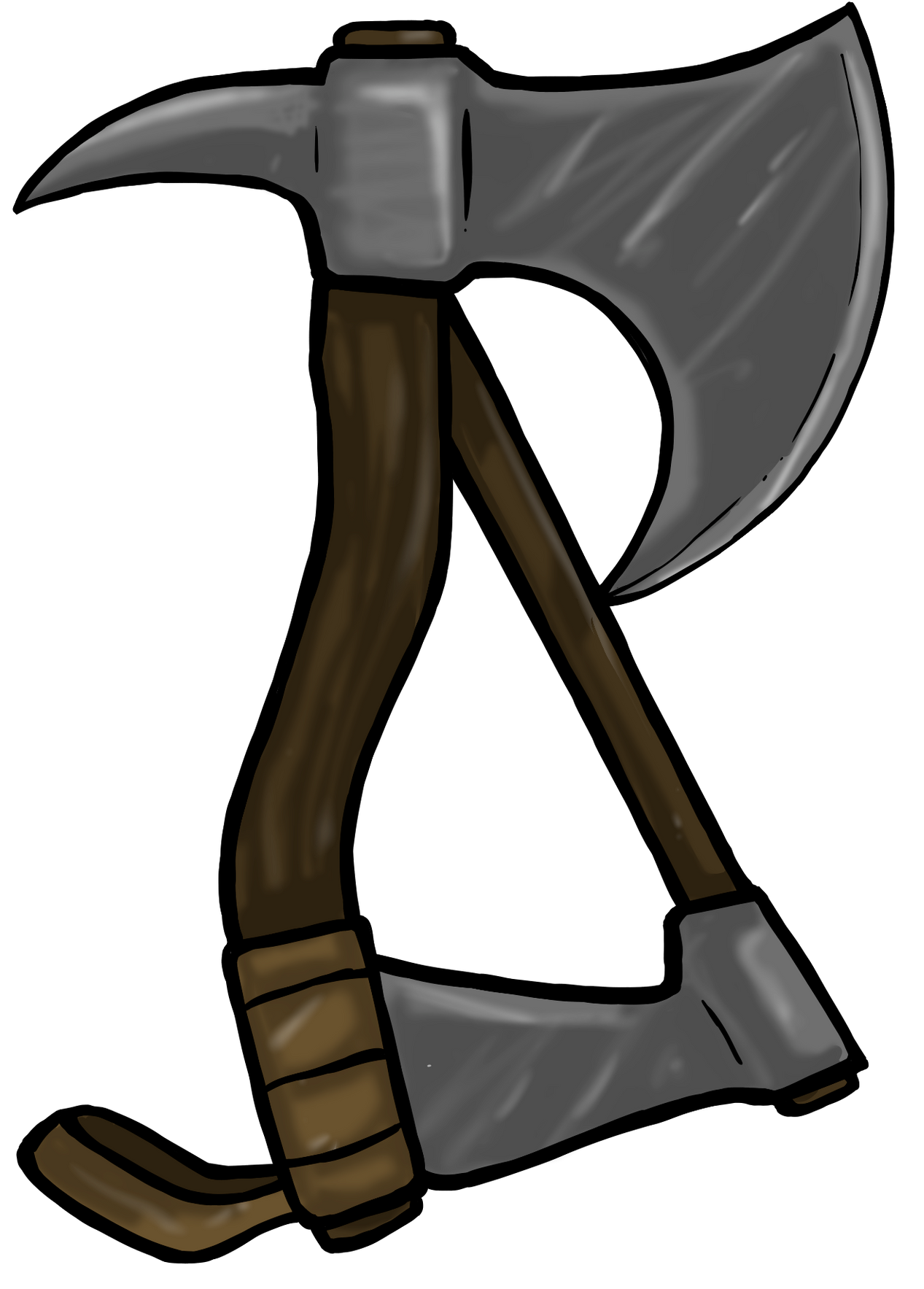 Two crossed axes with wooden handles, metal heads. Bearded Ax Muscle & Fitness