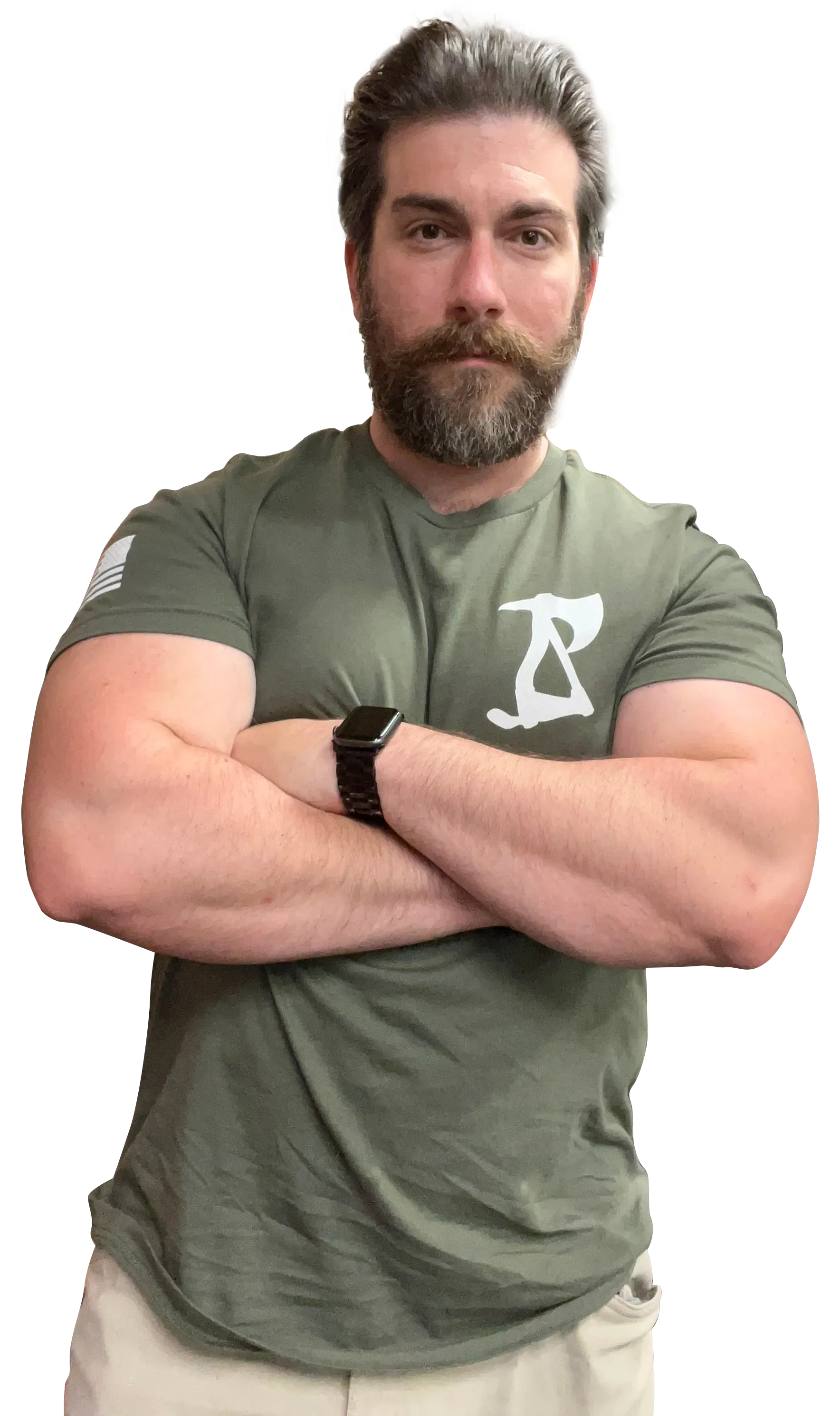 Man with crossed arms, wearing green shirt with logo, khaki pants, gray beard, and smartwatch. Bearded Ax Muscle & Fitness