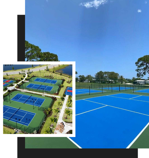 An aerial view of a tennis court with blue courts