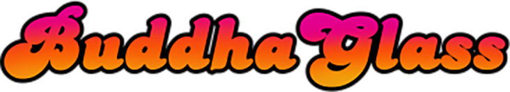 The logo "Buddha Glass" in a vibrant gradient of orange to pink, with a black outline.