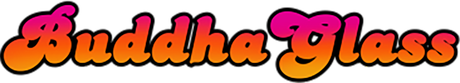 The logo "Buddha Glass" in a vibrant gradient of orange to pink, with a black outline.