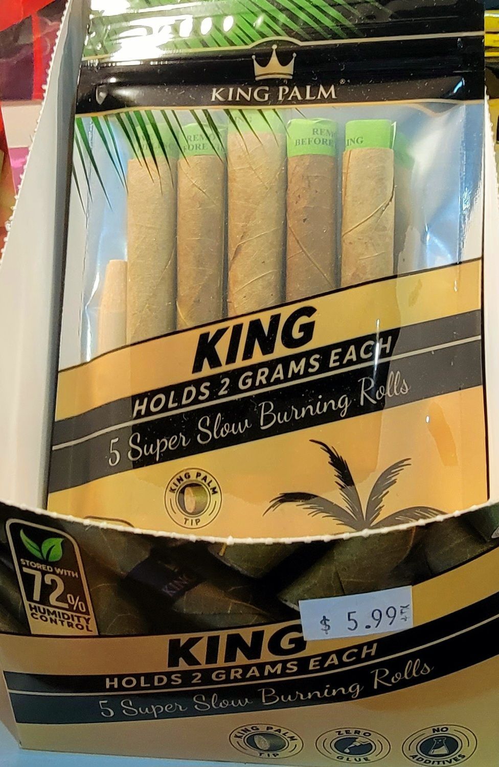 King Palm pre-rolled cones, 5 per pack, holds 2 grams each. Price tag: $5.99.