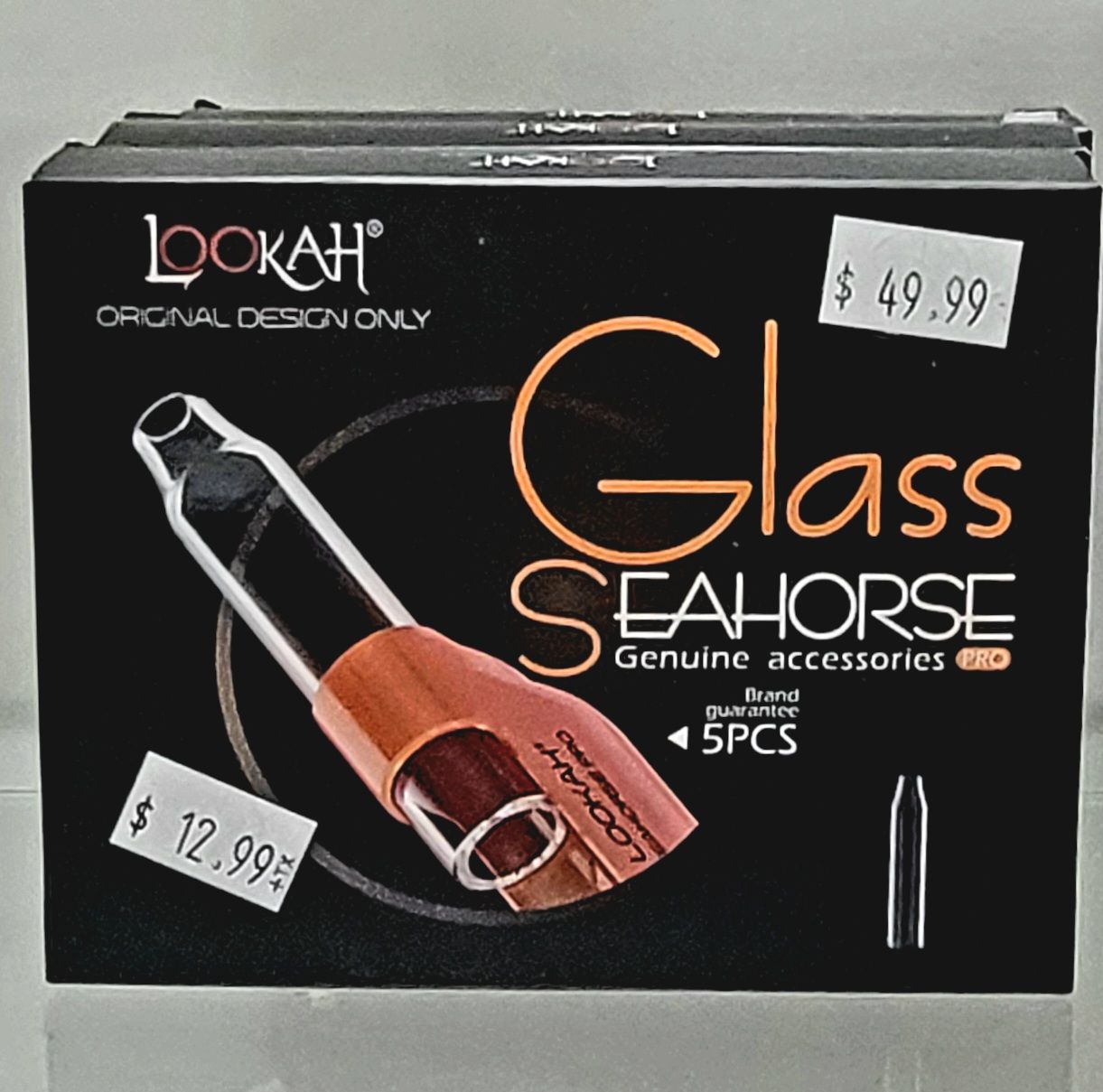 Box of Lookah Seahorse glass accessories, with price tags of $49.99 and $12.99.