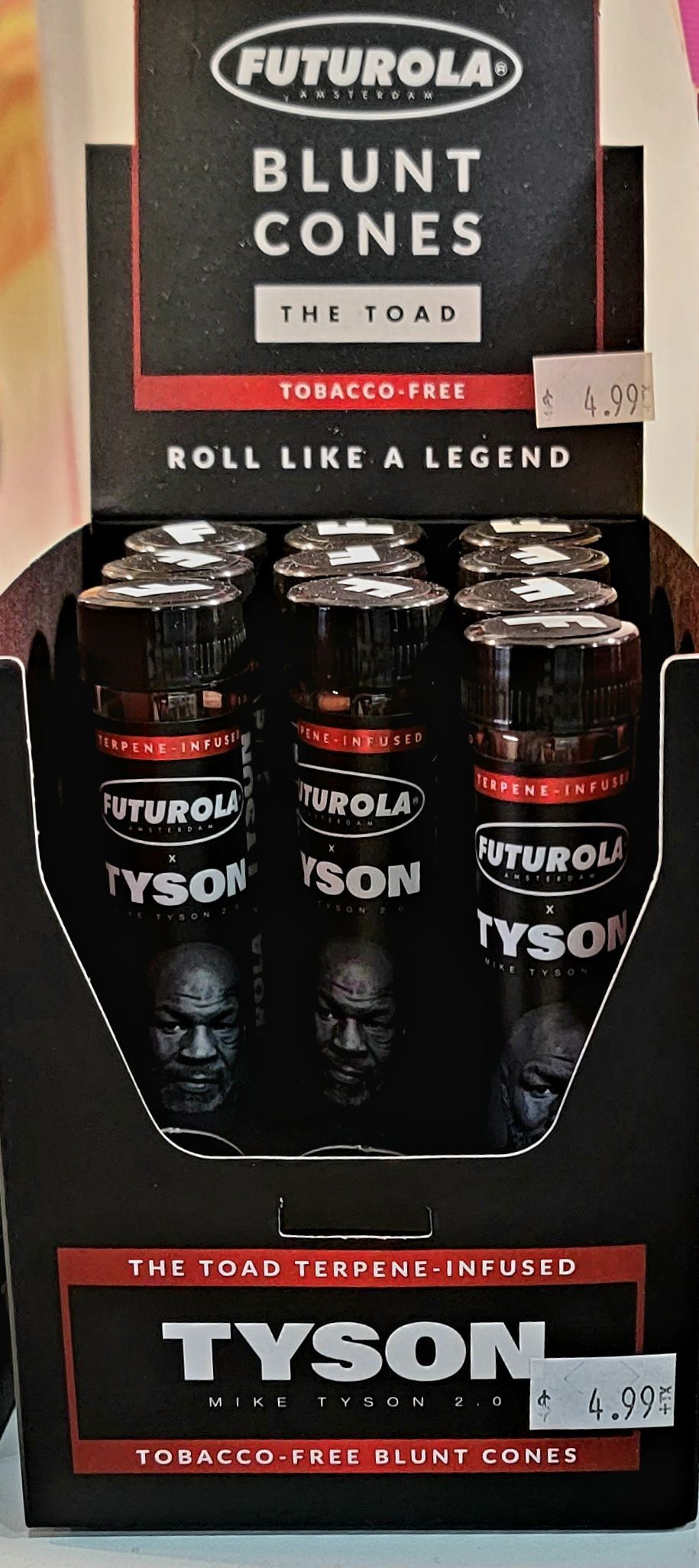 Display of Futurrola blunt cones with Mike Tyson branding.