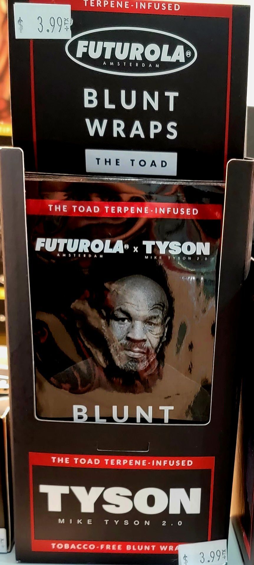 Futurula blunt wraps with Mike Tyson's face. Black and red packaging.