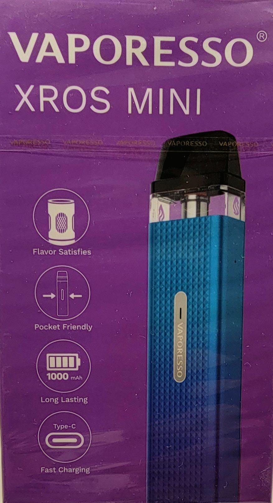 Vaporesso XROS Mini vape device in blue on a purple background, features include flavor satisfaction, pocket friendly, 1000mAh battery, and USB-C charging.