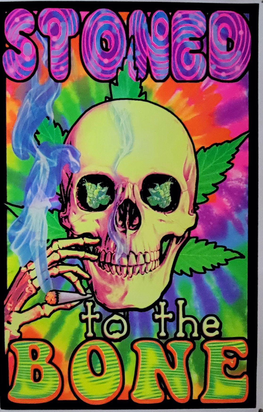 Psychedelic poster: skull smoking, cannabis eyes, tie-dye background, 