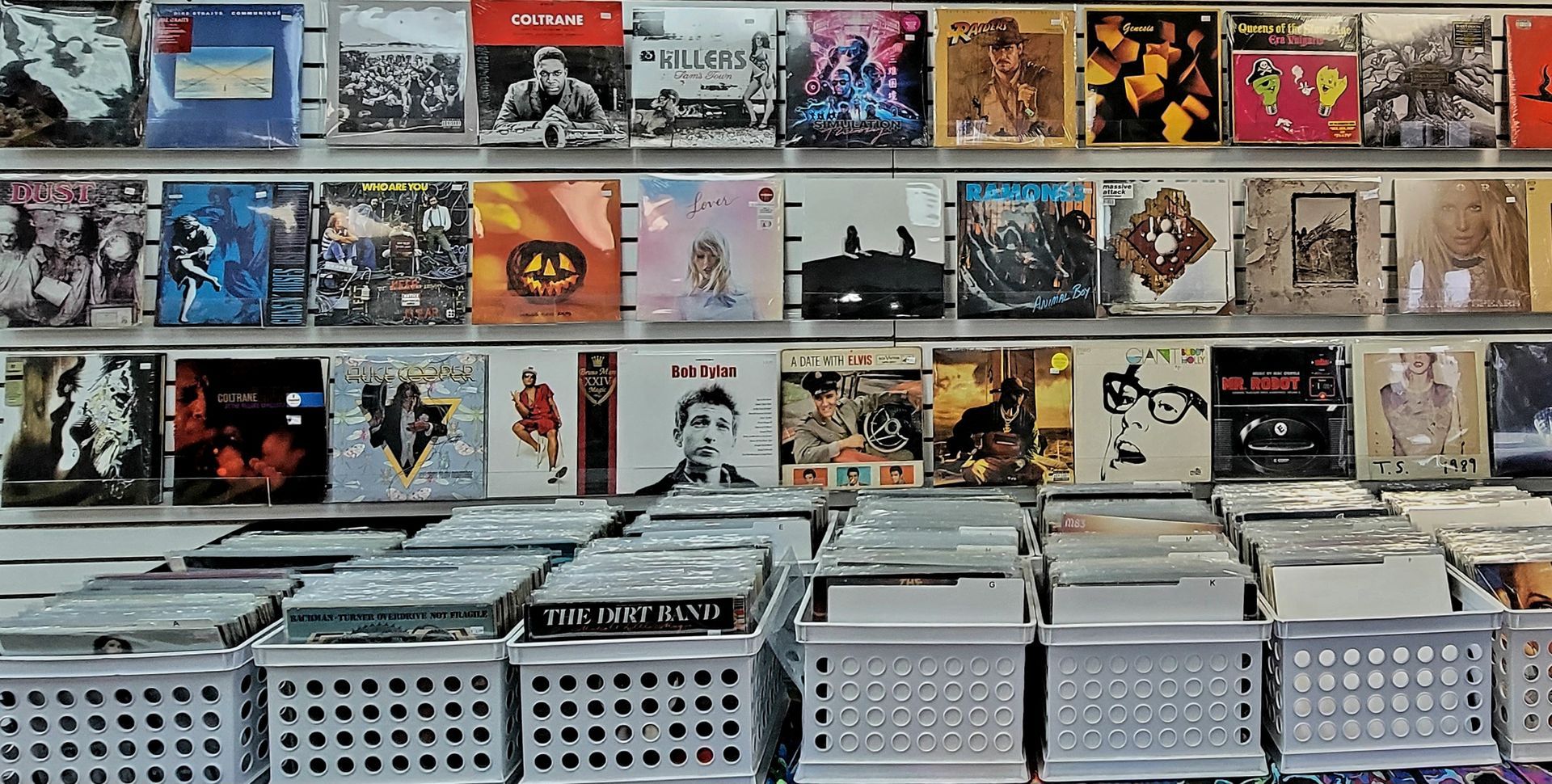 Rows of CDs in bins below shelves of CD albums at a record store.