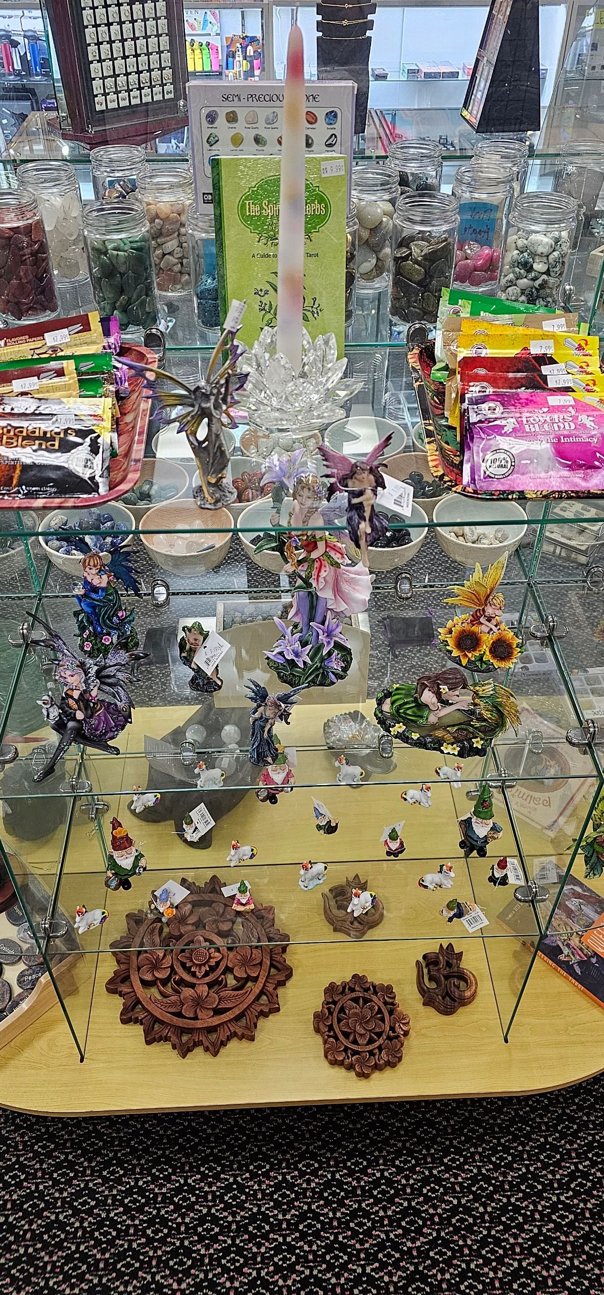 Display case filled with various colorful trinkets and figurines.