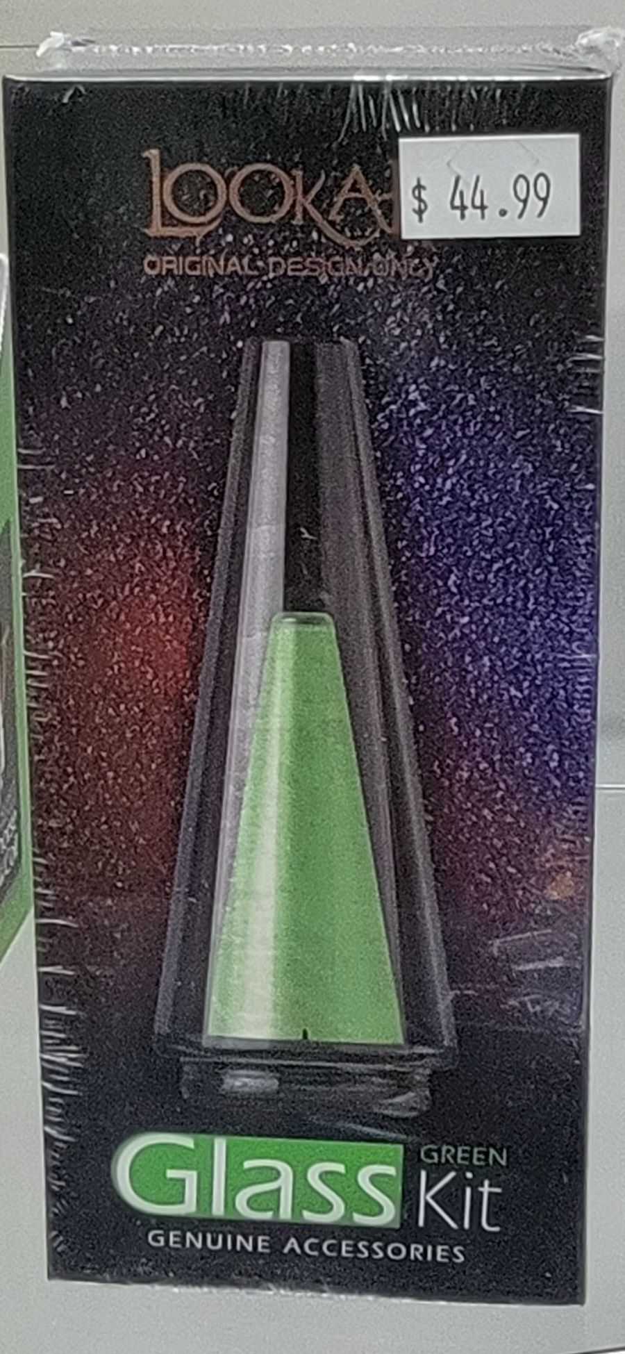 Boxed green and black glass kit accessory with a $44.99 price tag.