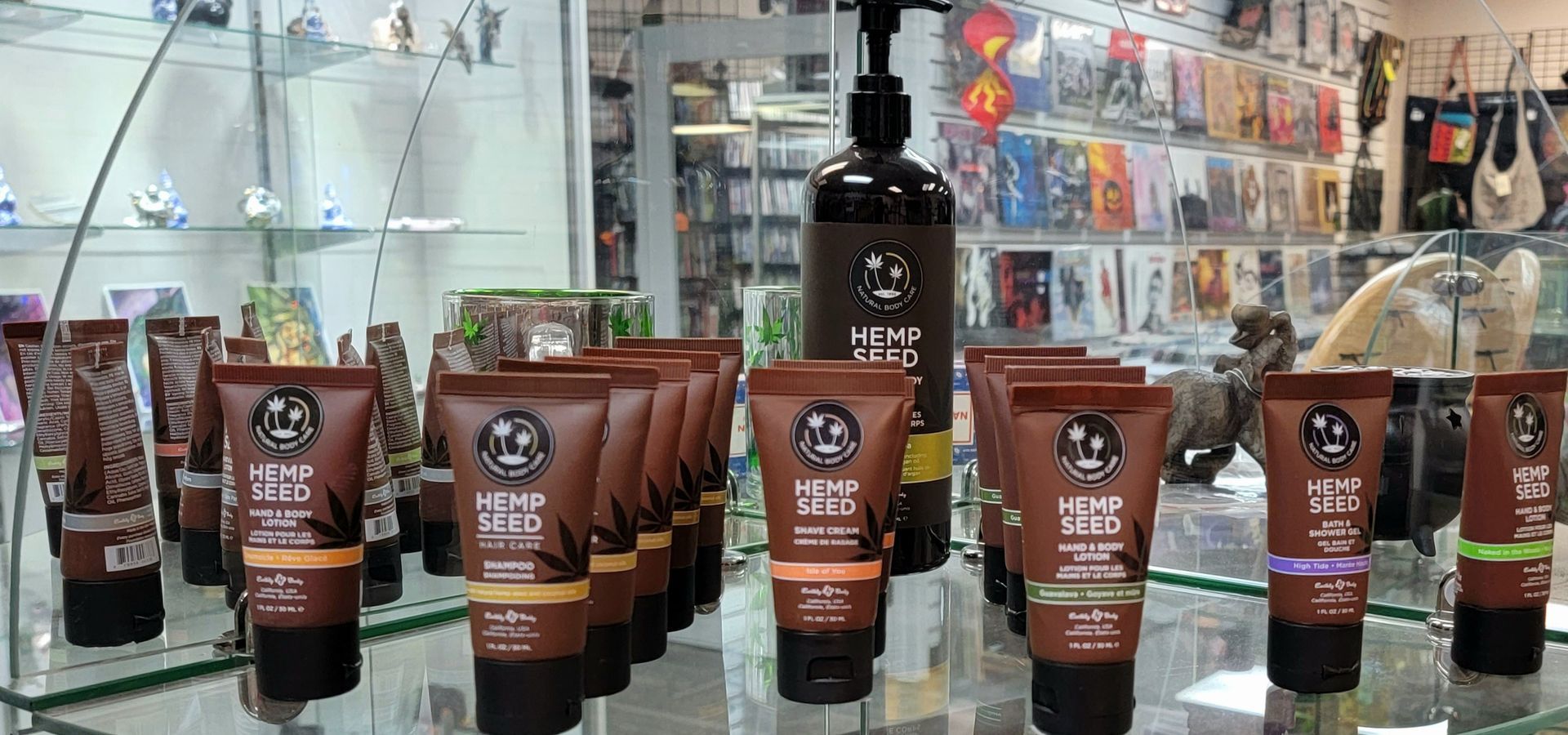 Display of brown and tan Hemp Beard products in a store, including tubes and a bottle.