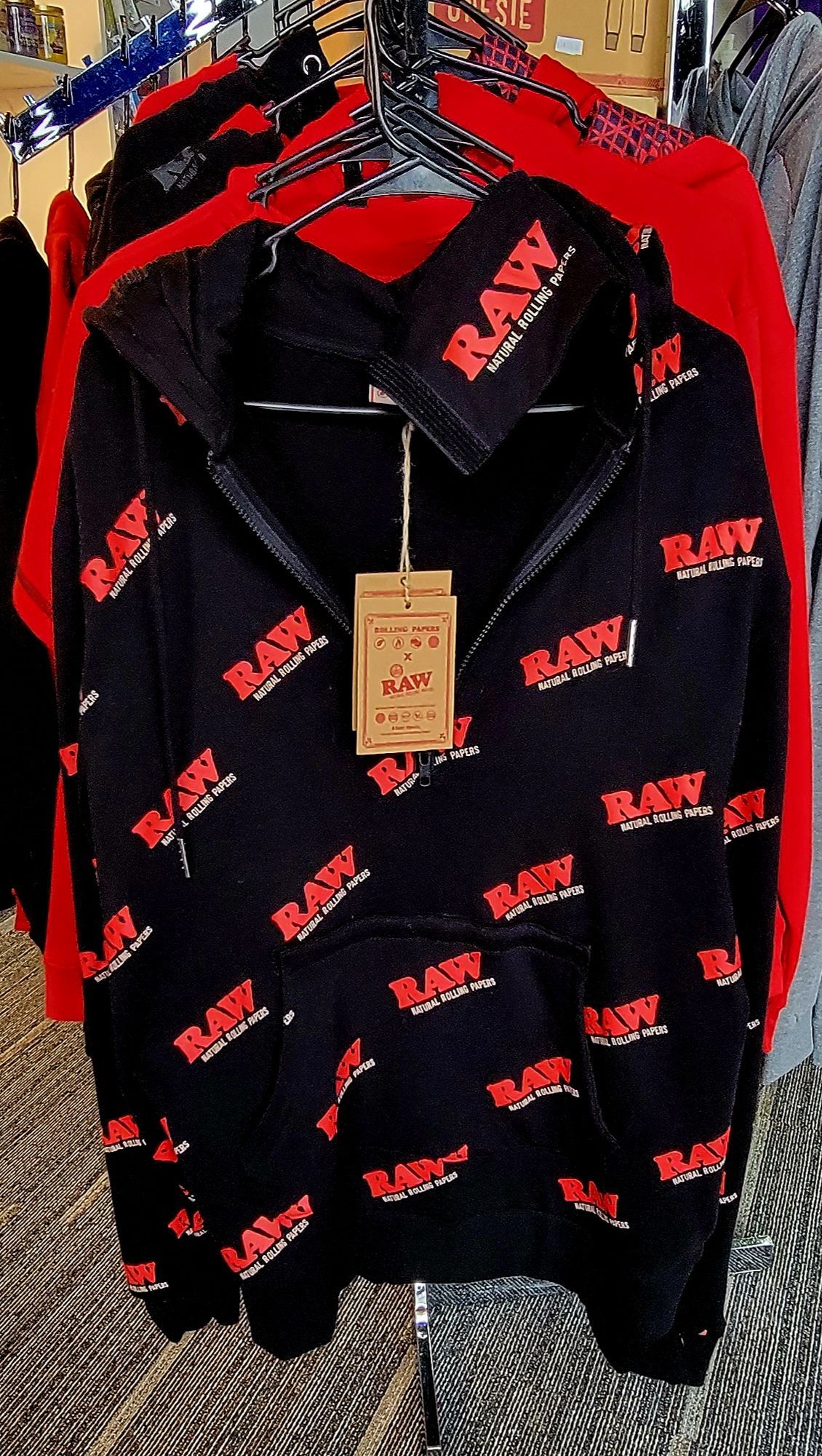 Black zip-up hoodie with red 