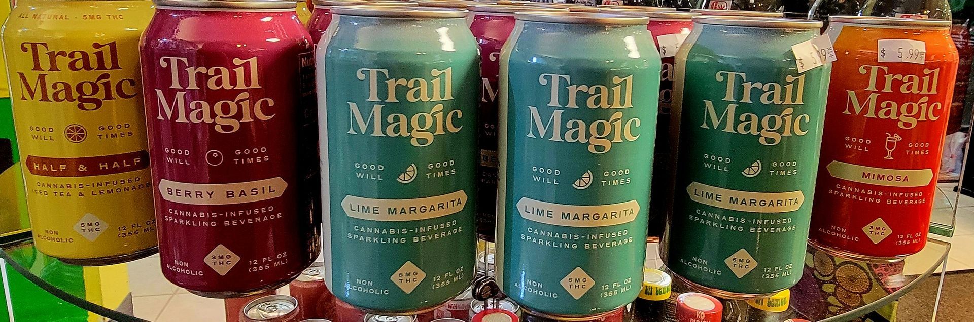 Canned drinks labeled 