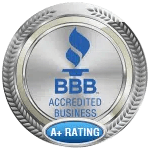 BBB Accredited Business A+ Rating badge with blue and silver seal