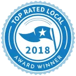 Blue “Top Rated Local Award Winner” badge with a star and “2018” in the center