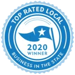 Blue circular “Top Rated Local 2020 Winner” business badge with Texas state silhouette and star icon