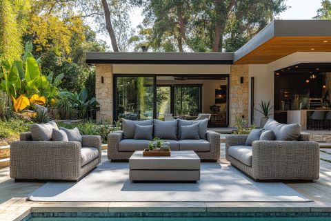 A patio with a couch , chairs and a coffee table next to a pool.