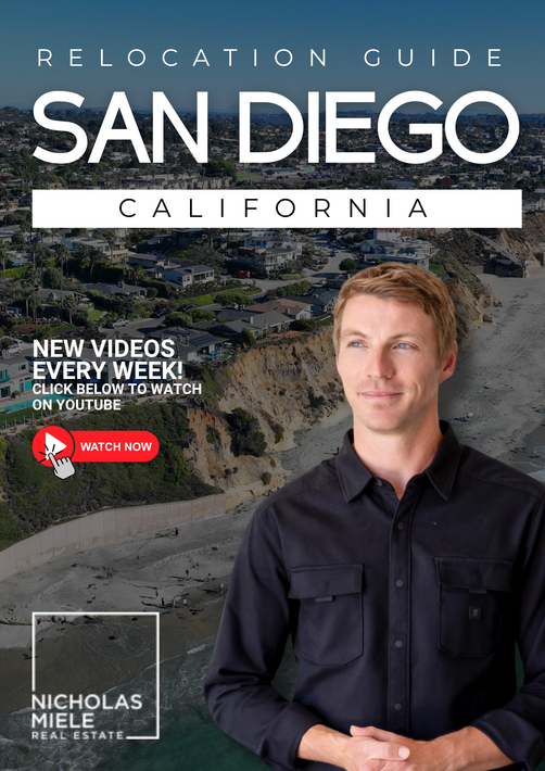 A man in a black shirt is on the cover of a relocation guide for san diego california.
