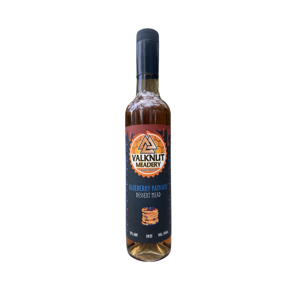 Bottle of Valknut Meadery Blueberry mead with a black cap and label.