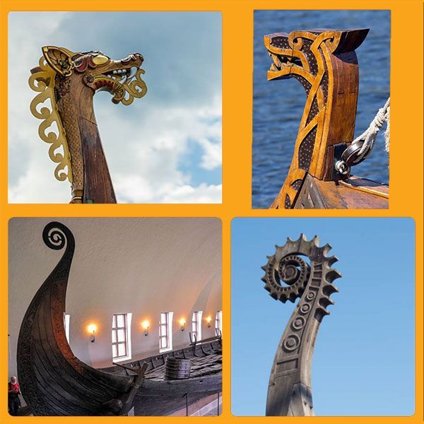 A collage of four pictures of viking ship heads