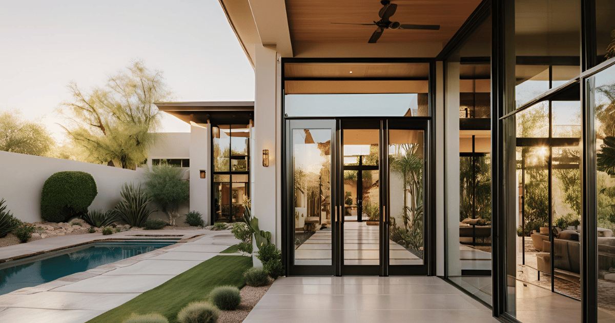 A modern house with a swimming pool and a lot of windows.