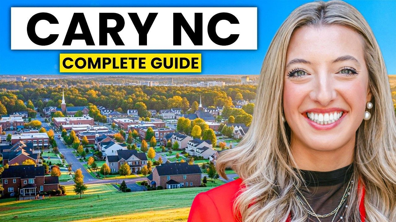 Cary, NC skyline with a smiling woman and “Complete Guide” text overlay