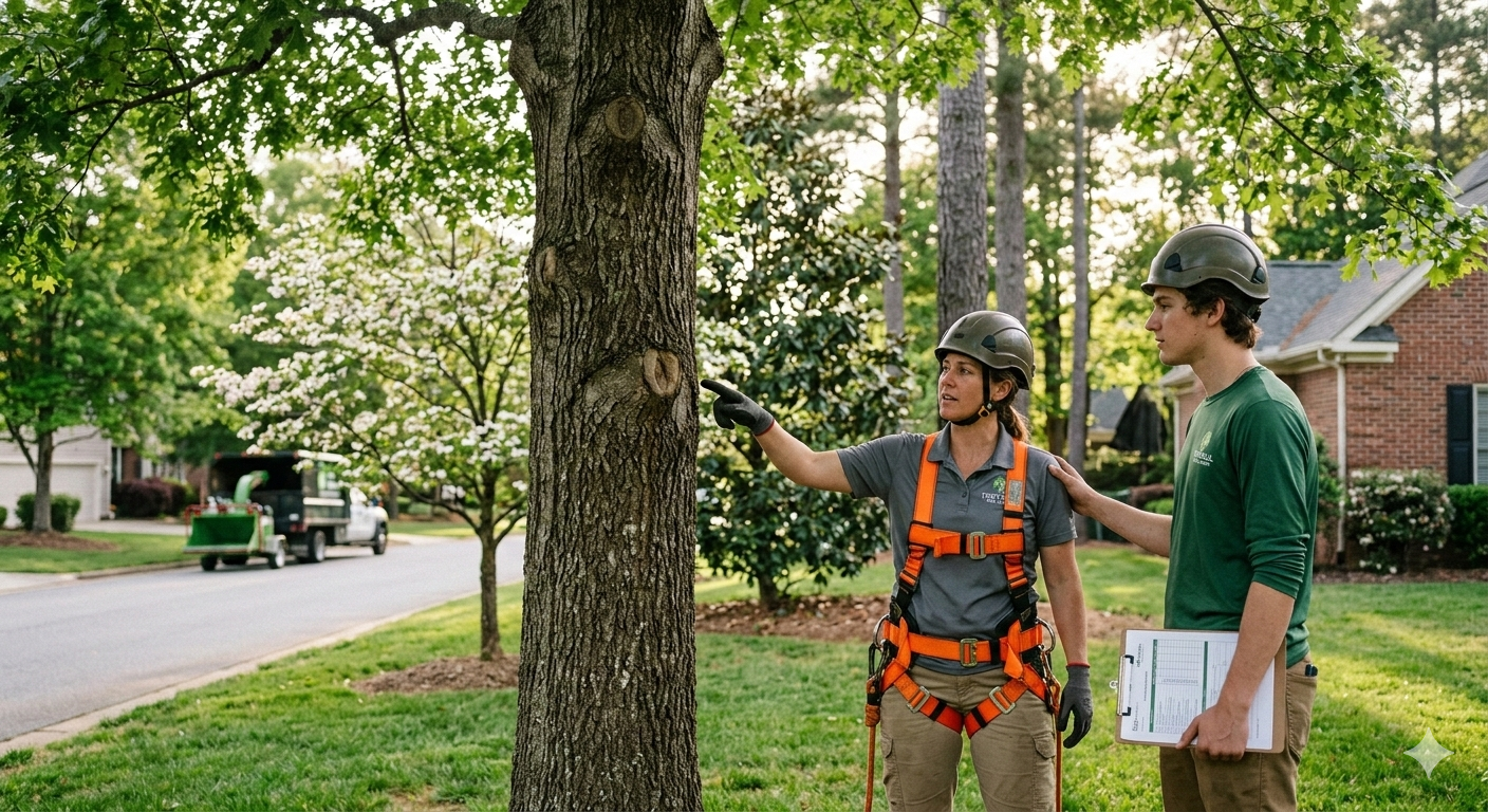 Two arborists examining a tree in a Fort Mill SC neighborhood. One points at the tree, wearing safety gear.