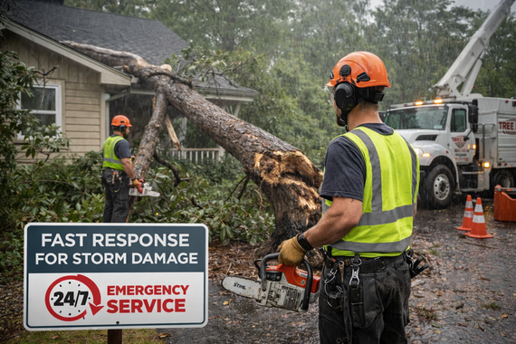 Two workers clearing tree from house after storm, 24/7 emergency service sign.