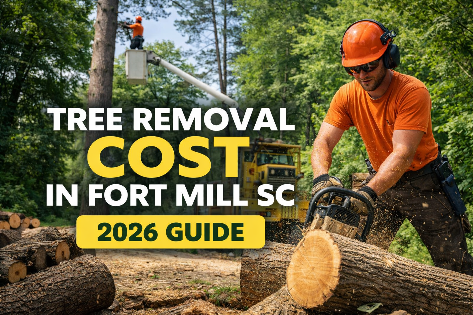 A worker in high-visibility gear uses a chainsaw on a log with a bucket truck in the background, labeled