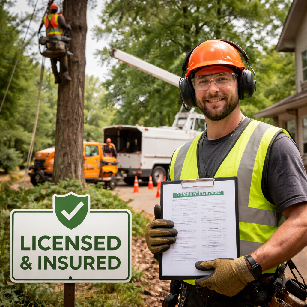 Arborist holding clipboard, smiling. Other workers and equipment in the background cutting a tree. Sign: Licensed & Insured.