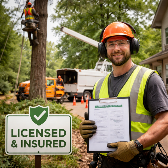 Arborist holding clipboard, smiling. Other workers and equipment in the background cutting a tree. Sign: Licensed & Insured.