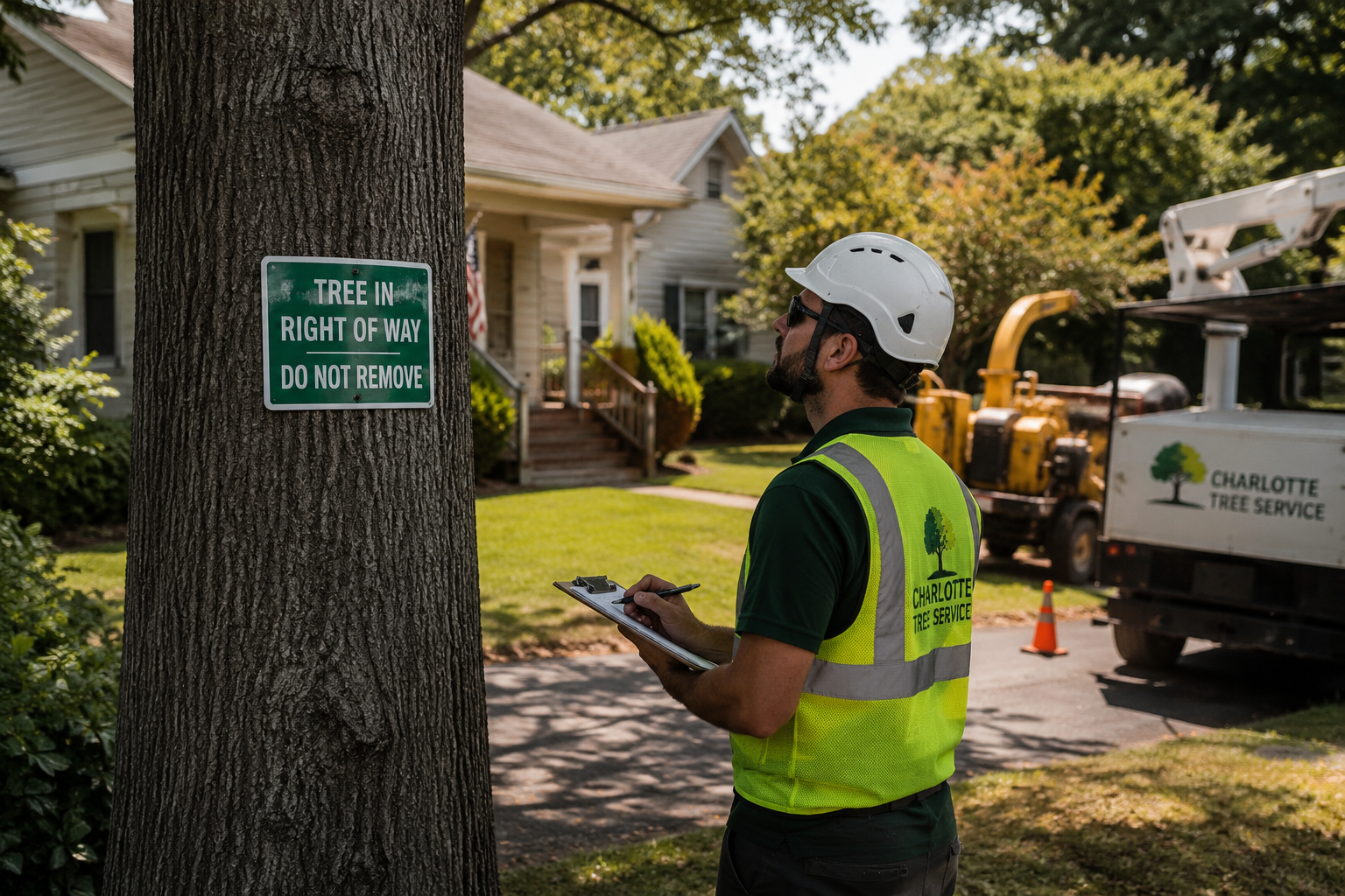 Arborist inspecting a tree for removal permit requirements in Fort Mill SC and Charlotte NC