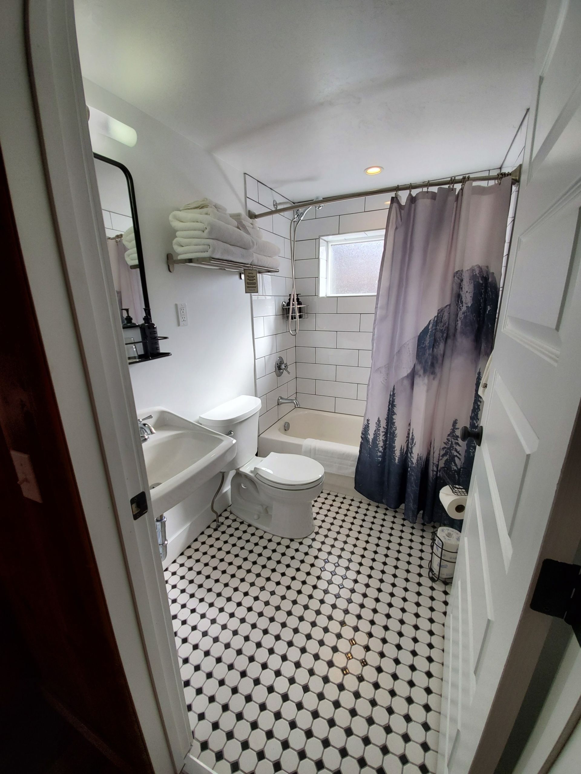 Small bathroom with black and white tile floor, white walls, toilet, sink, and shower.