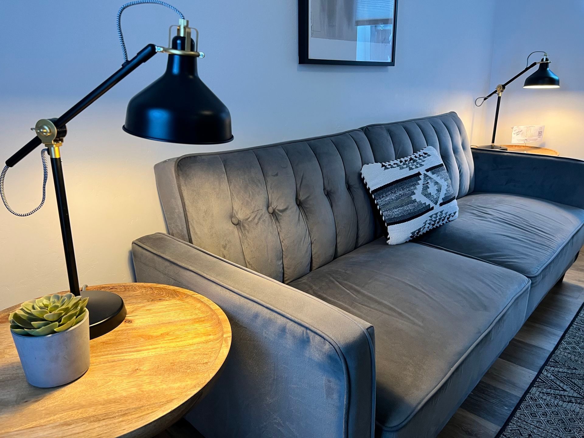 Gray couch with decorative pillow, wooden side table, and two black lamps; plant on table.