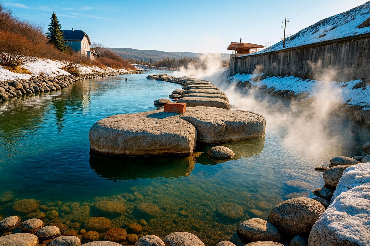 Stone steps across a turquoise hot spring, steam rising in the winter. Snow on banks and background buildings.