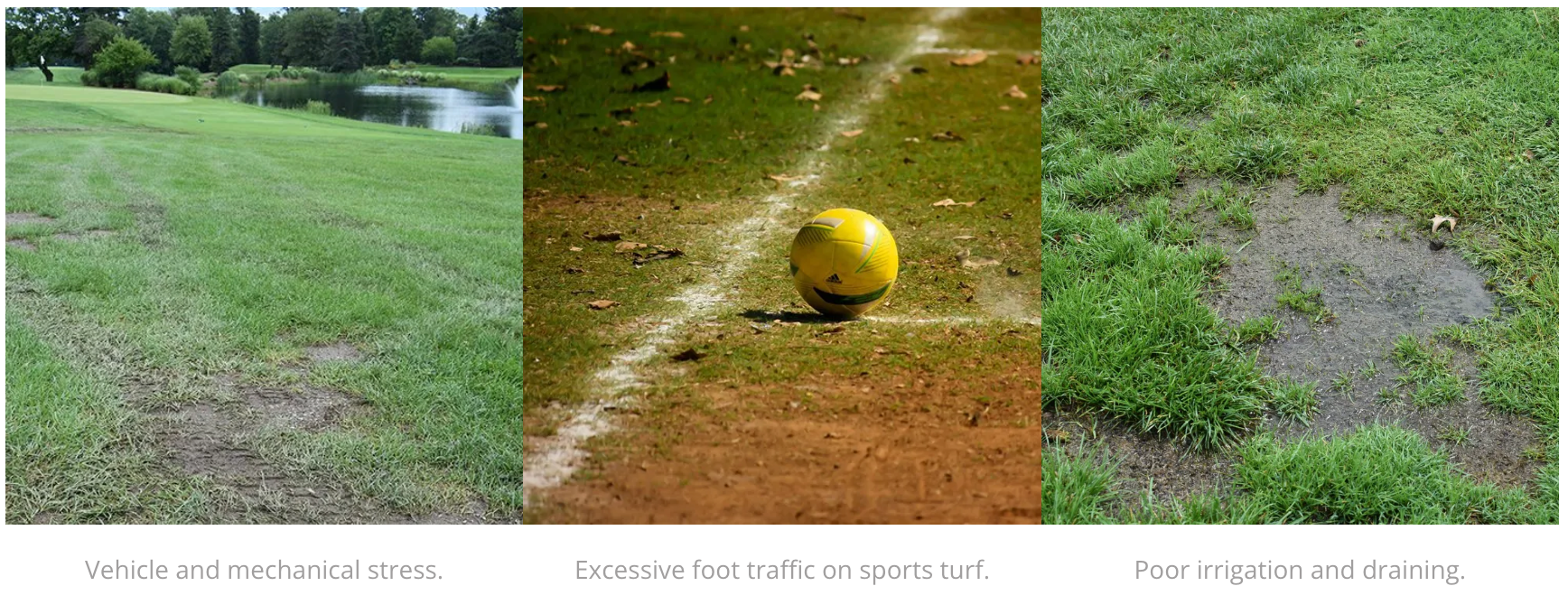 A collage of three pictures of a soccer field with a yellow ball in the middle.