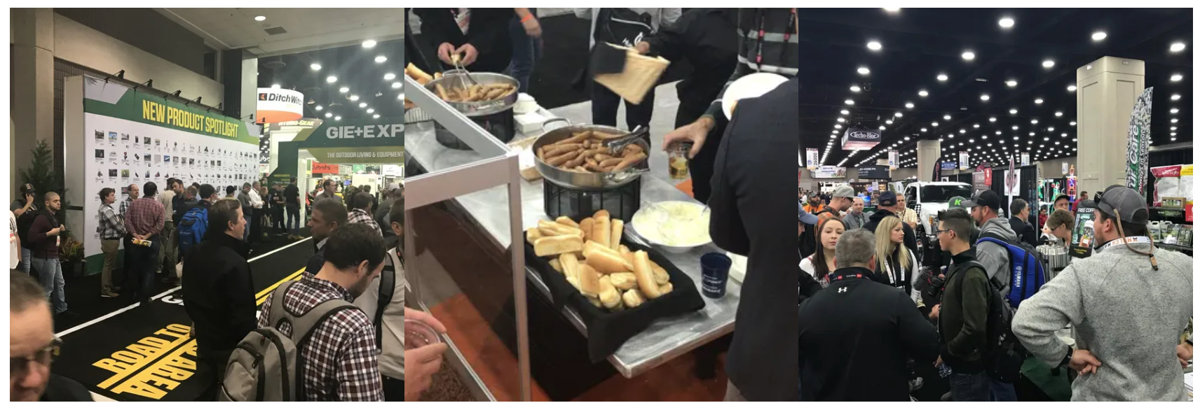 A collage of three pictures of people at a convention.