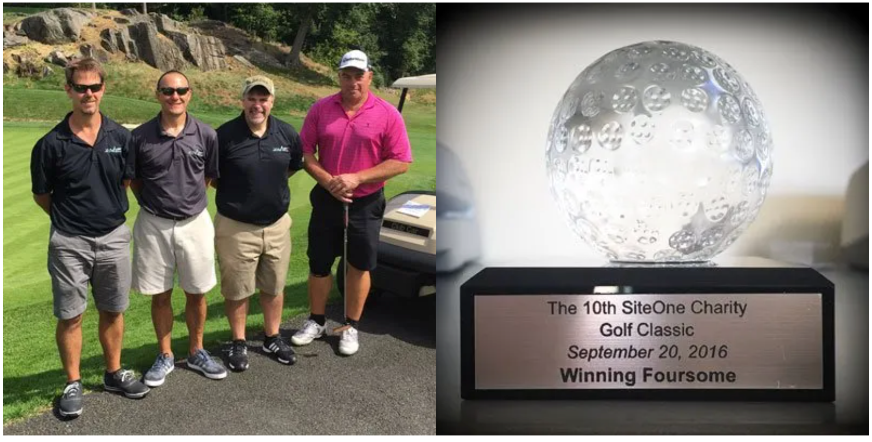 A group of men are standing next to each other on a golf course.
