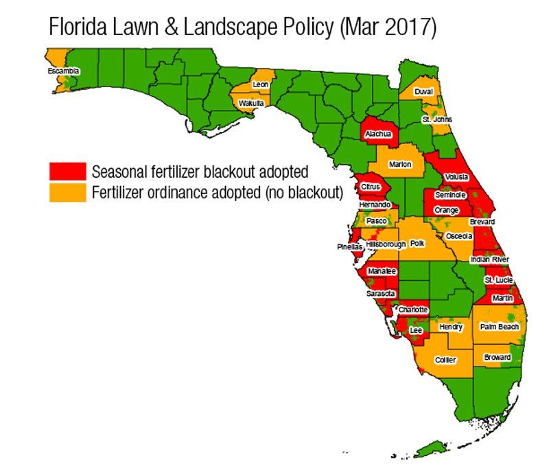 A map showing the florida lawn and landscape blackout policy