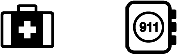 A black and white icon of a first aid kit and a 911 emergency number.