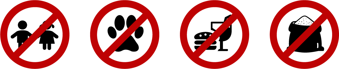 A set of four signs that say no dogs , no people , no animals , and no bags.