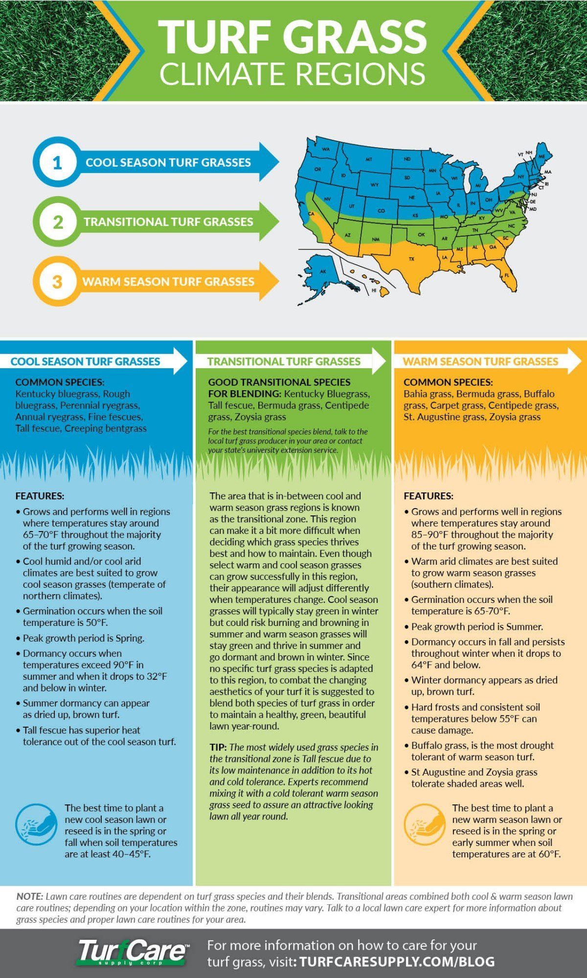 A poster showing the different types of turf grass in different climate regions.