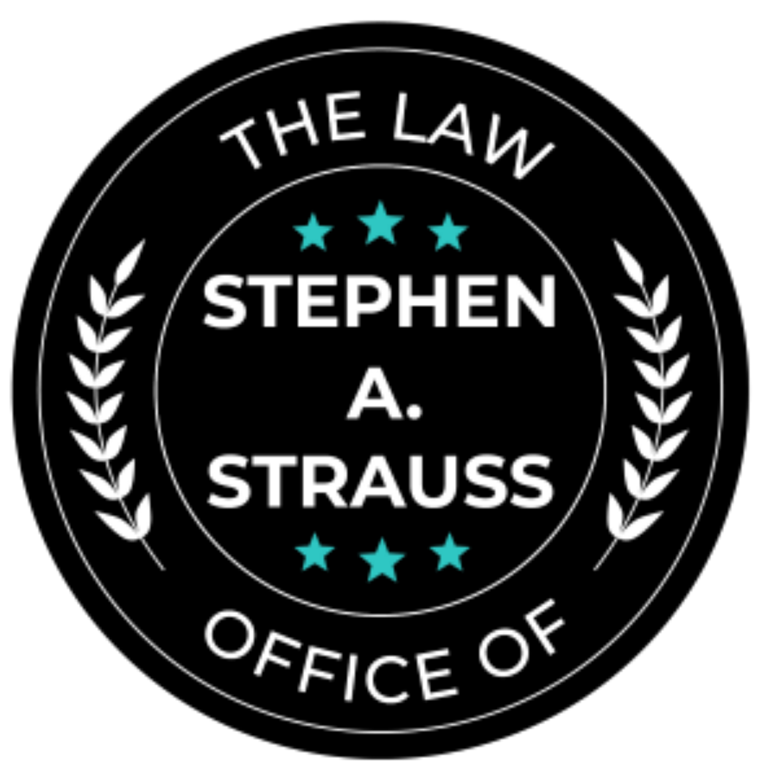 Black circular law office logo reading