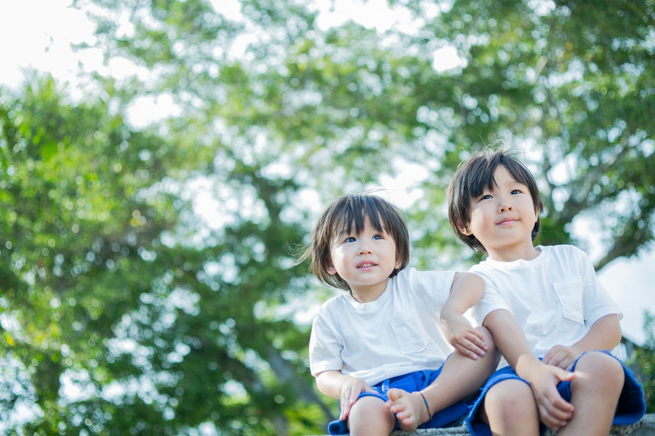 兩個穿著白襯衫和藍色短褲的孩子坐在戶外，抬頭望向遠方。背景是綠色的樹葉。