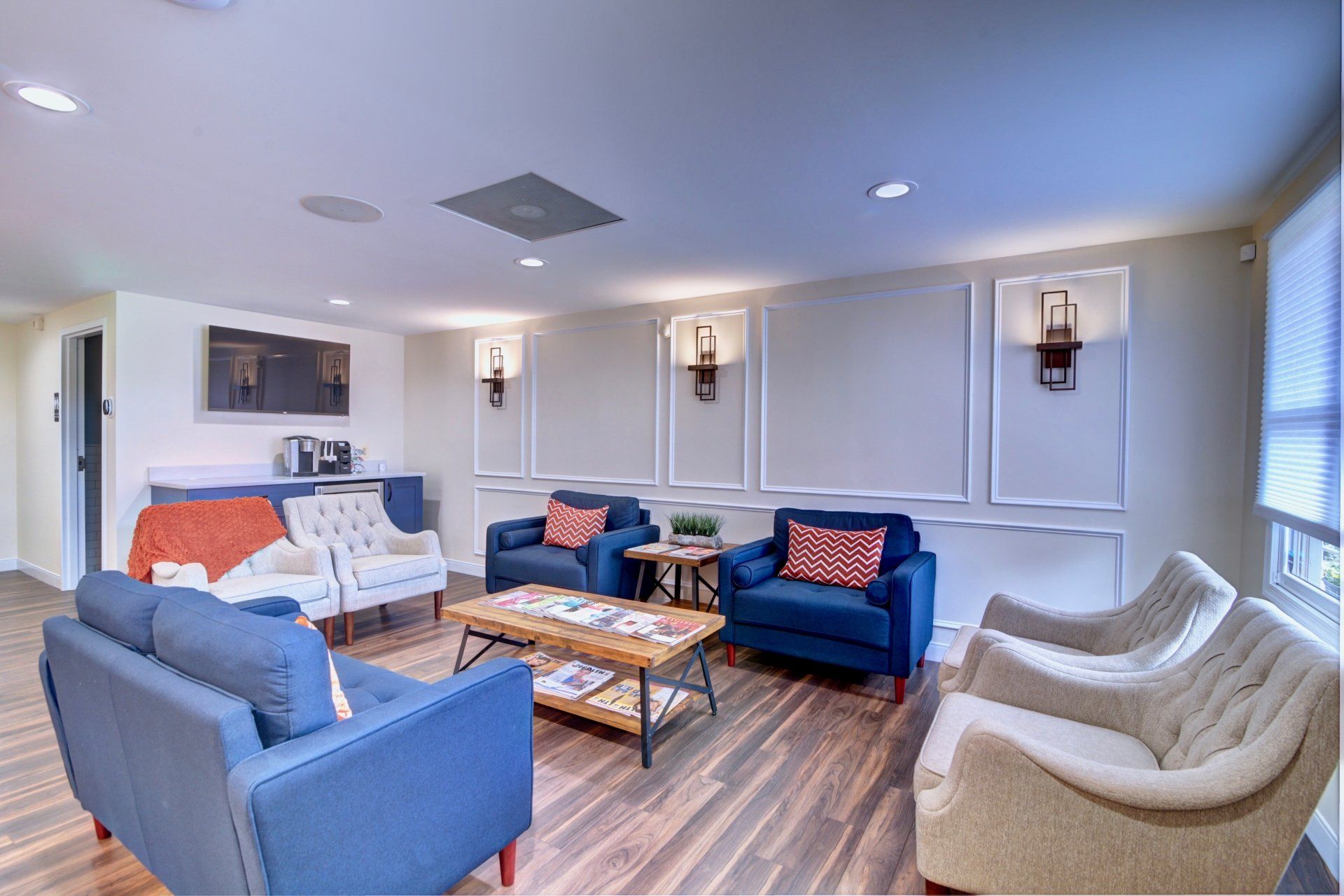 A living room filled with furniture and a coffee table.